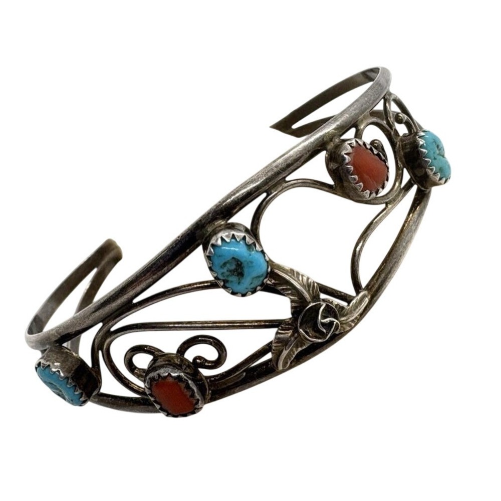 Vintage Navajo Jerry Cowboy Sterling Silver Turquoise Coral Cuff Bracelet 6.5''
